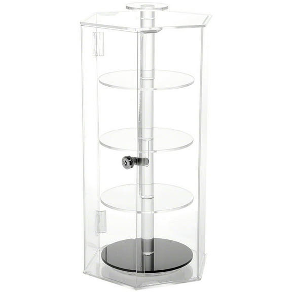 Plymor Clear Acrylic Hexagonal Locking Display Case, Rotating Shelves, 19.25" H x 8.625" W x 8.625" D