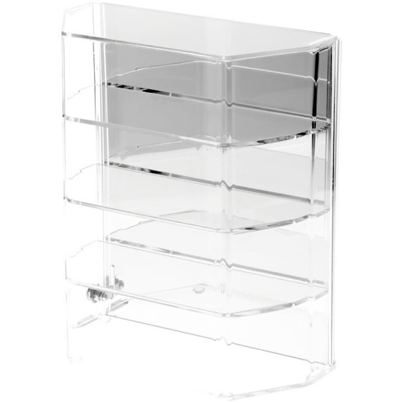 Plymor Clear Acrylic Locking Display Case with Angled Sides and Sliding Back, 3 Shelves (Mirrored), 12.75" H x 10.5" W x 5.5" D