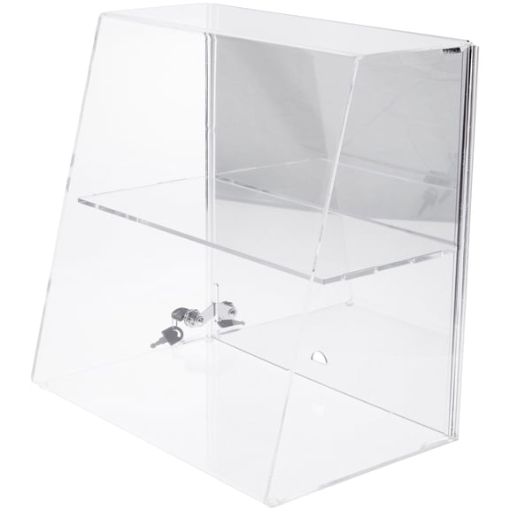 Plymor Clear Acrylic Locking Display Case with Slanted Front and Sliding Back, 1 Flat Shelf (Mirrored), 16" H x 16" W x 10" D