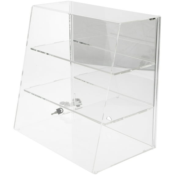 Plymor Clear Acrylic Locking Display Case with Slanted Front and Sliding Back, 2 Flat Shelves (Mirrored) 16" H x 16" W x 10" D