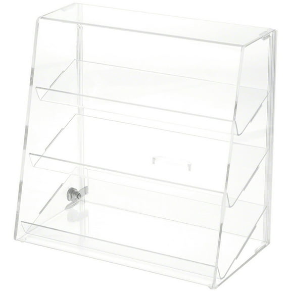 Plymor Clear Acrylic Locking Display Case with Slanted Front and Sliding Back, 3 Angled Shelves, 13.75" H x 14" W x 7.75" D