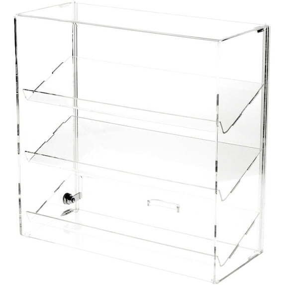 Plymor Clear Acrylic Locking Display Case with Sliding Back, 3 Angled Shelves, 16.25" H x 16.25" W x 7" D