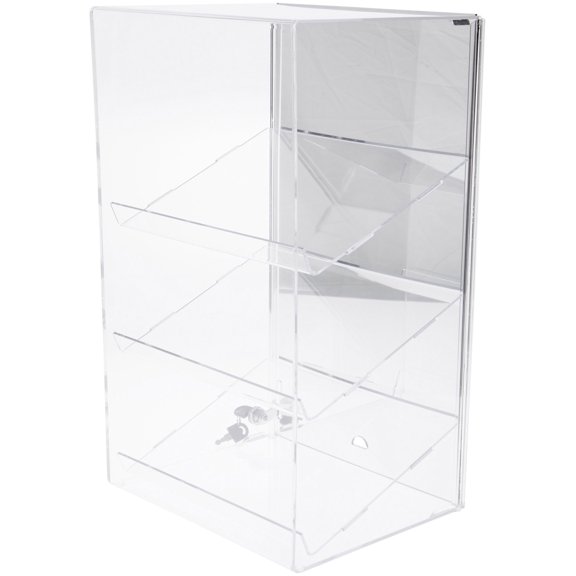 Plymor Clear Acrylic Locking Display Case with Sliding Back, 3 Angled Shelves (Mirrored), 20.75" H x 12.25" W x 10" D
