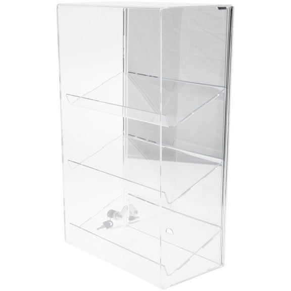 Plymor Clear Acrylic Locking Display Case with Sliding Back, 3 Angled Shelves (Mirrored), 21.75" H x 13.25" W x 7.5" D