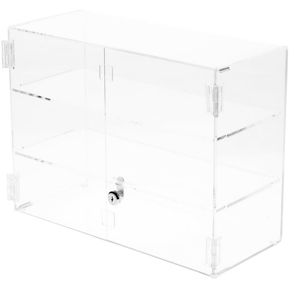 Plymor Clear Acrylic Rectangular Locking Display Case, 2 Shelves, 12" H x 16" W x 7" D