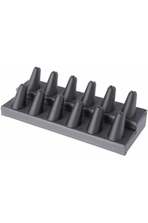 Gray Faux Leather 2-Tier Ring Finger Display, Twelve on Rectangular Base, 8.125" W x 3.25" D x 2.5" H
