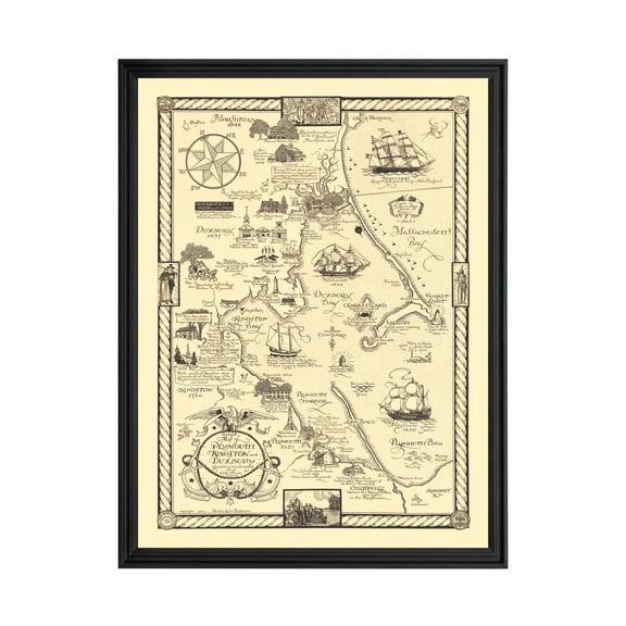 Plymouth, MA Art, 1929 Vintage Map of Plymouth, MA History Wall Decor Gift, Old Plymouth, MA Map - 18" x 24" Black Framed Print