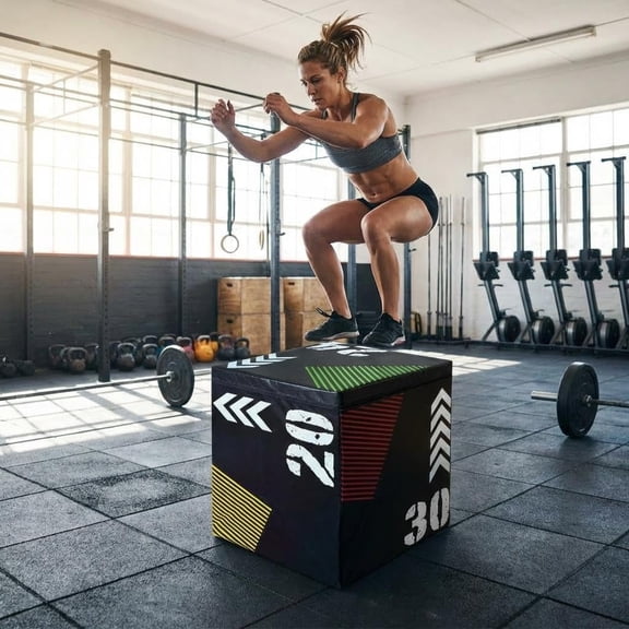 Plyometric Jump Box for Home Gym, 3-in-1 Adjustable Height (16/20/24 Inch) Soft Plyo Box with Anti-Slip PVC Cover - Strength Training for Beginner to Advanced