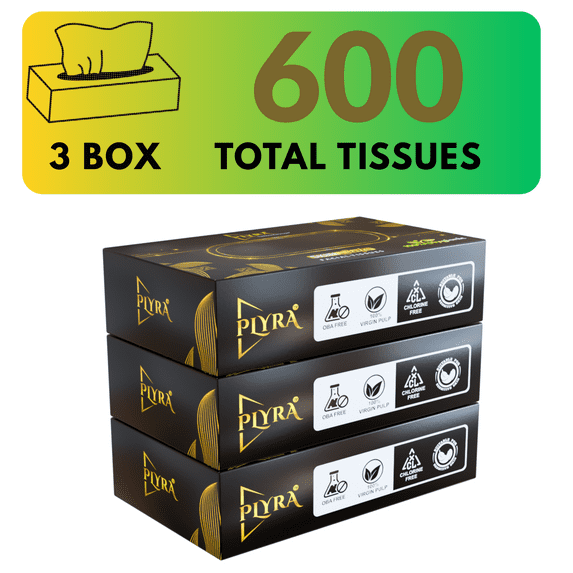 Plyra 2-Ply Facial Tissue Paper – 600 Pulls (Pack of 3 Boxes), Makeup Remover, Travel Friendly, Gentle on Skin
