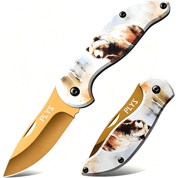 Plys Pocket Knife, Small Folding Knife with Brown Bear Pattern for Outdoor, Camping & EDC