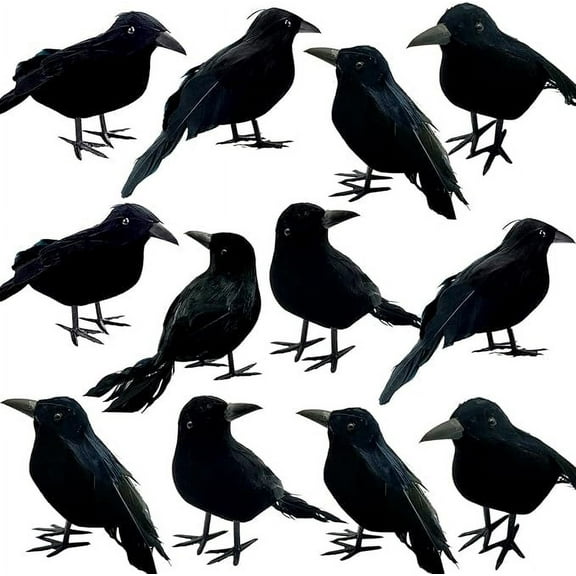 Plyzle 18 Pcs Halloween Crows Decorations Black Fake Feathered Crows Realistic Large Handmade Ravens Decor for Halloween Party Supplies