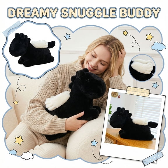 Plyzle 32cm Plush Horse Toy Soft Stuffed Animal for Kids, Birthday Gift, Children's Room Decor, Black and White Horse with Reusable Storage Bag