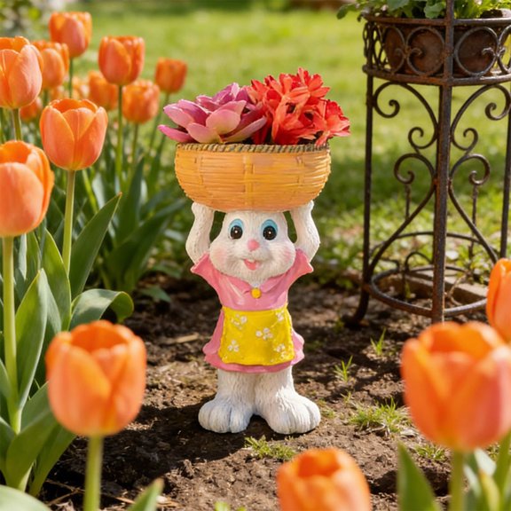 Plyzle Easter Bunny Planter Statue Garden Decor Outdoor Spring Decoration One Size