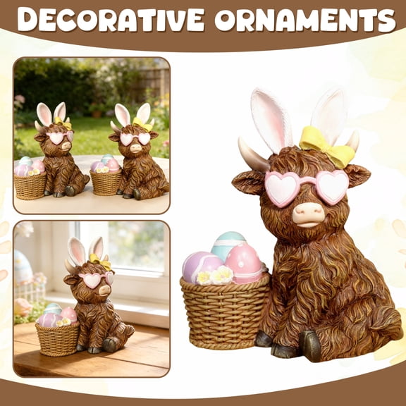Plyzle Easter Highland Cow Resin Figurine Decorative Animal Statuette Home Garden Ornament