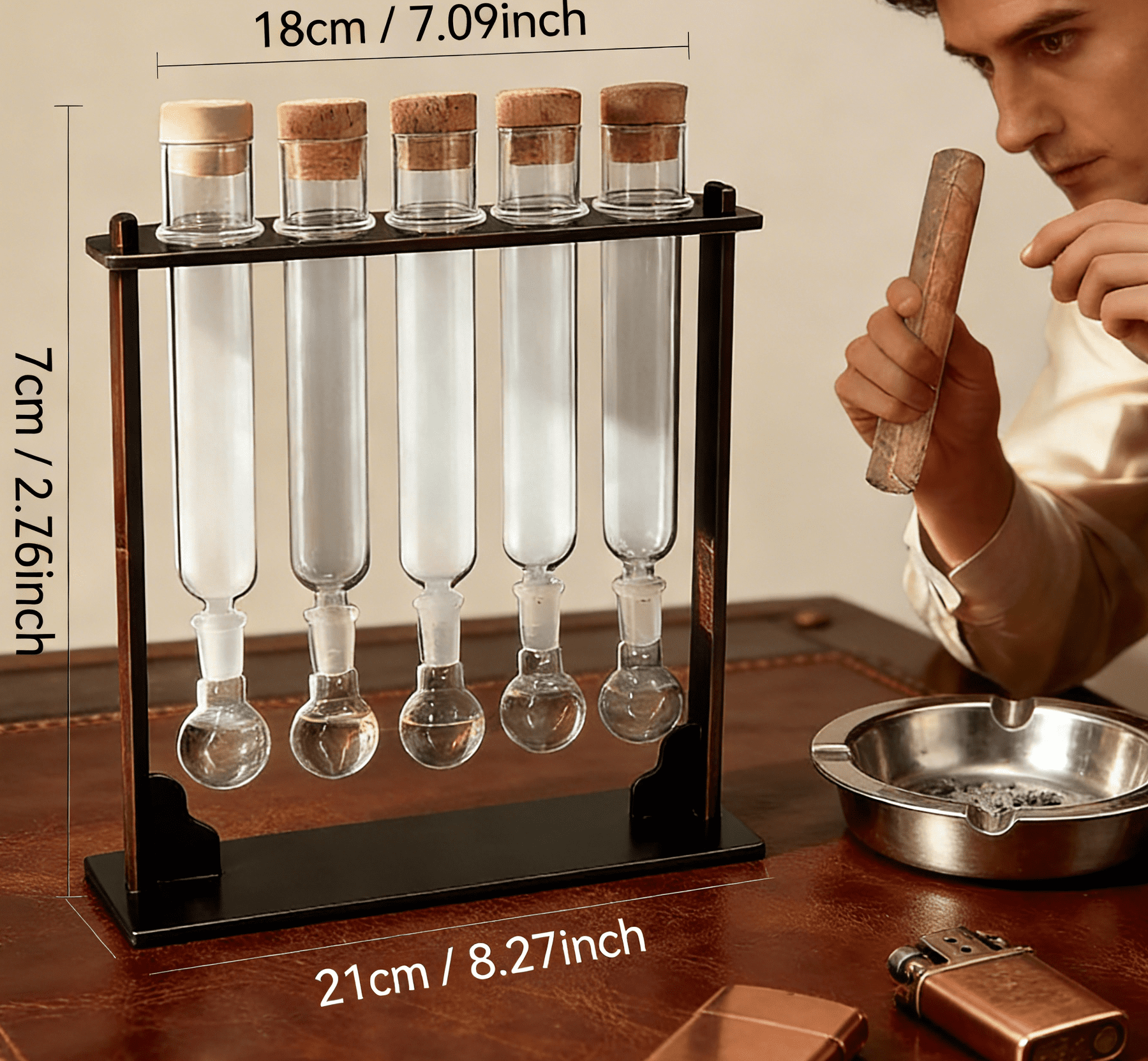 Plyzle Glass Cigar Humidifier - Retro Style with Metal Stand & 5 Glass Vials (Cork Stoppers), Complete Set for Cigar Care & Home Bar (7.09 x 2.76 x 8.27 in)
