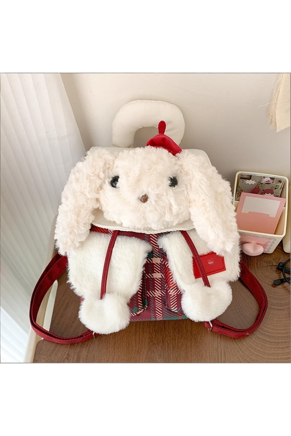 Plush Dog Backpack - Cute Animal Style Dual Carry (Handle & Shoulder Straps), Soft Plush with Pompom Accents for Daily Outings & Travel, 8.3 Inches