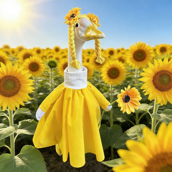 Plyzle Porch Goose Costume Dress for Outdoor Decoration, Yellow Sunflower Garden Decor, Spring Summer Yard Art, Funny Garden Gnome Style