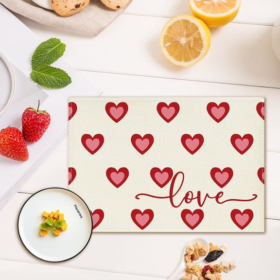 Plyzle Valentine's Day Love Hearts Placemats,11.8x9.4 Inch Seasonal Anniversary Holiday Table Mats for Party Kitchen Dining Decoration,1 Pcs Table Placemat