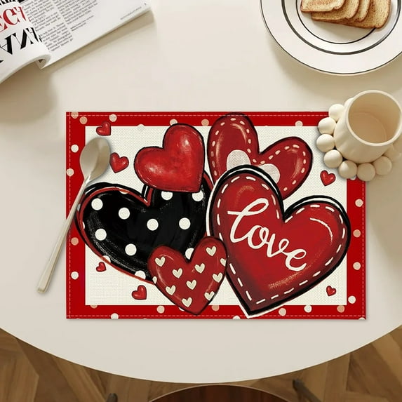 Plyzle Valentine's Day Placemat - Linen Dinner Mat with Heart Pattern 17.7x11.8cm, Romantic Table Decor for Couples Gifts & Home Dining Setting,1 Pcs Table Placemat