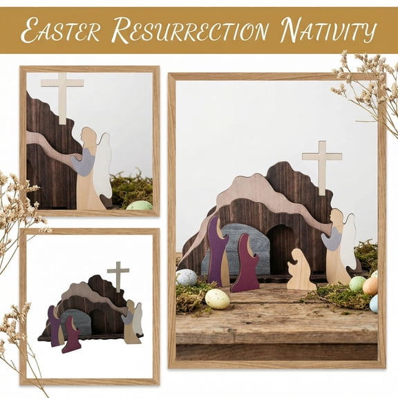 Plyzle Wooden Nativity Scene Set Easter Jesus Birth Display Figurines Christmas Religious Decoration Home Decor