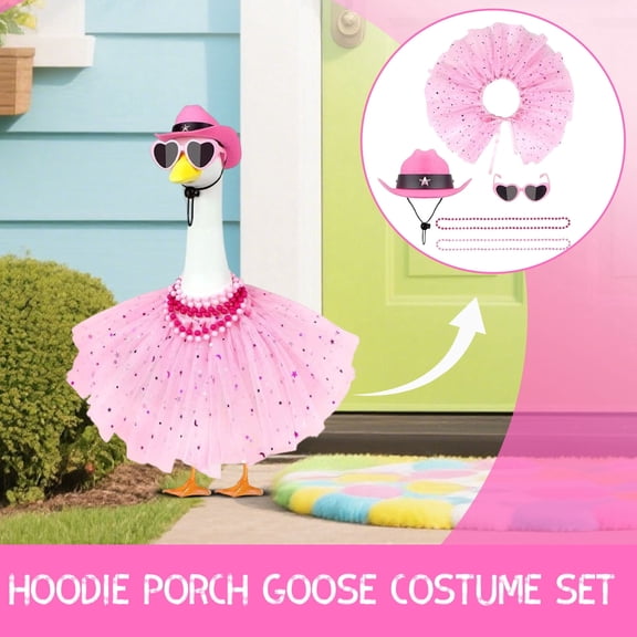 Plyzle23inch Porch Goose Costume Pink Cowgirl Hat Skirt Necklace Glasses Set for Yard Decor