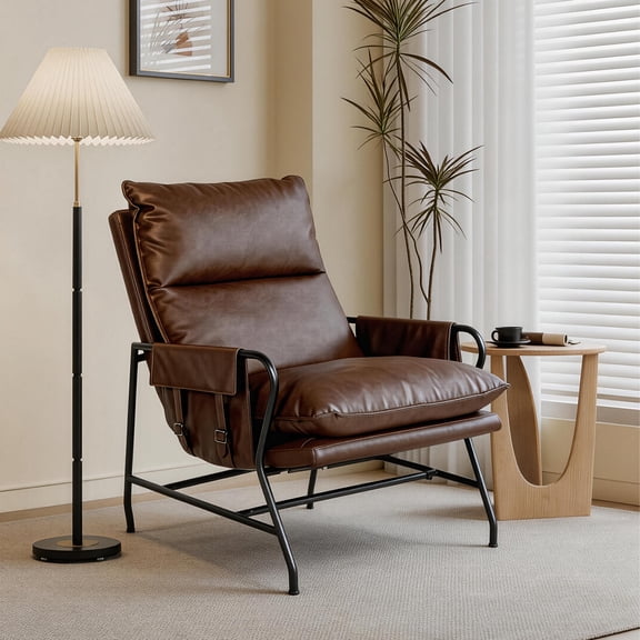 Pmango 1 Pc Faux Leather Accent Chair for Living Room, 24" High Backrest Upholstered Armchair, Ergonomic Design, Soft Thickened Cushion Comfy Leisure Chair, Mid Century Modern Single Sofa, Dark Brown