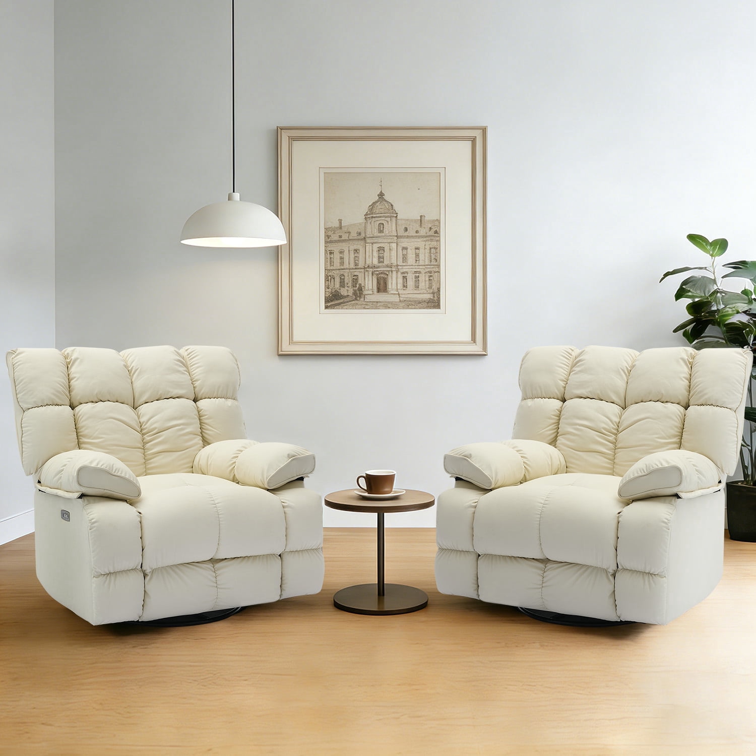 Pmango 2 Pack Pet-friendly Leather Recliner Chair Oversized, XXL Extra Wide Swivel Rocking Recliner, Nursery Single Sofa for Living Room, Electric Adjustable Reclining, USB & Type-C Port, Cream White