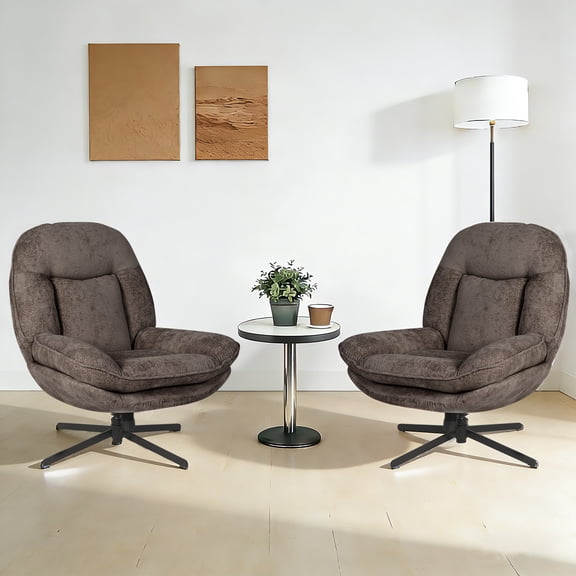 Pmango 360°Free Swivel Accent Chair Set of 2 for Living Room, Slightly 20°Rocking, 24" High Backrest Upholstered Armchair, Ergonomic Design, Chenille Breathable Soft Fabric Modern Single Sofa, Brown