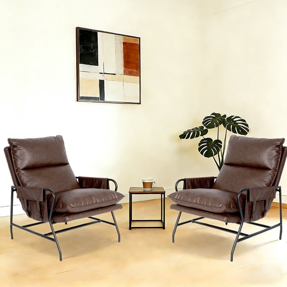 Pmango Faux Leather Accent Chair Set of 2 for Living Room, 24" High Backrest Upholstered Armchair, Soft Thickened Cushion Comfy Leisure Chair, Mid Century Modern Single Sofa, Dark Brown