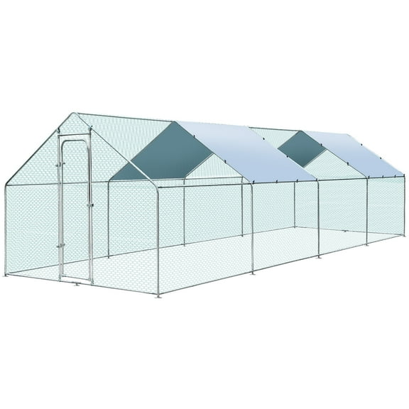 Pmango Large Metal Chicken Coop for 30-35 Chickens, Walk-in Chicken Run, Chicken Pen Outdoor W/Cover, Waterproof & Anti-UV, 19.7' D x 9.8' W x 6.4' H, Wire Mesh Poultry Cage for Yard #LYJL06JD-US