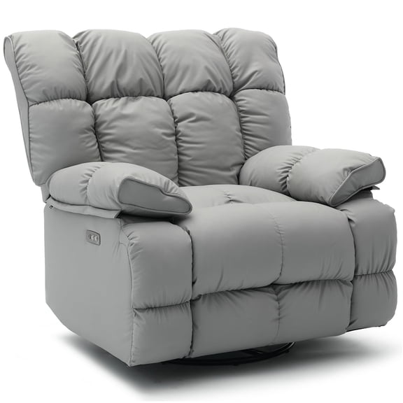 Pmango Pet-friendly Leather Recliner Chair Oversized, XXL Extra Wide Swivel Rocking Recliner, Nursery Modern Single Sofa for Living Room, Electric Adjustable Reclining, USB & Type-C Port, Gray