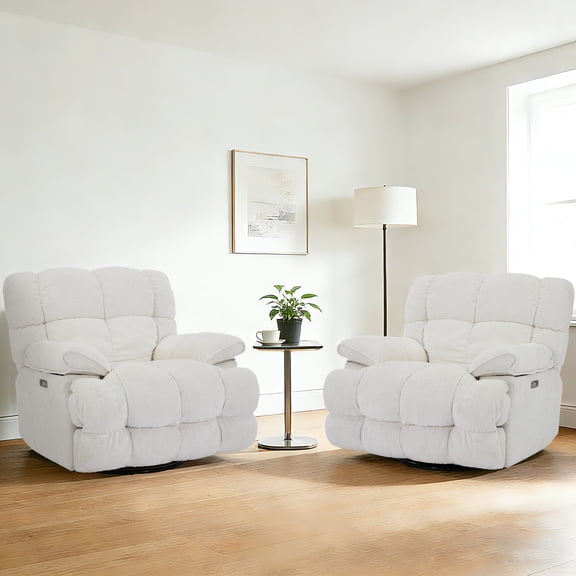 Pmango Power Oversized Recliner Chair Set of 2, Extra Wide Swivel Rocking Recliner Chair, Breathable Soft Fabric Modern Single Sofa for Living Room, Electric Recline, USB & Type-C Port, White