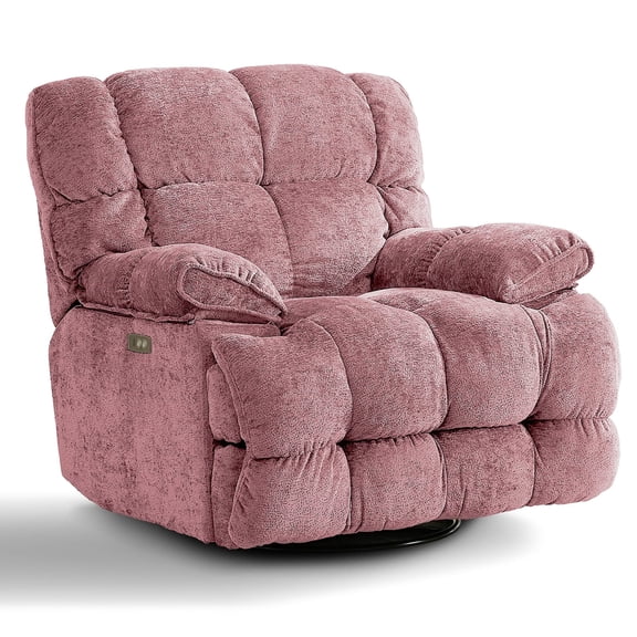 Pmango Power Oversized Recliner Chair, Extra Wide Swivel Rocking Recliner Chair, Breathable Soft Fabric Modern Single Sofa for Living Room, 90°-140° Electric Adjustable Angle, USB & Type-C Port, Pink