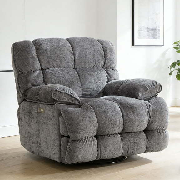 Pmango Power Oversized Recliner Chair, Extra Wide Swivel Rocking Recliner Chair, Breathable Soft Fabric Modern Single Sofa for Living Room, 90°-140° Electric Adjustable Angle, USB & Type-C Port, Gray