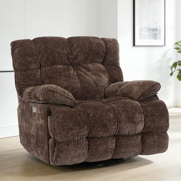 Pmango Power Oversized Recliner Chair, Extra Wide Swivel Rocking Recliner Chair, Breathable Soft Fabric Modern Single Sofa for Living Room, 90°-140° Electric Recline, USB & Type-C Port, Brown