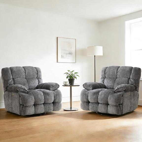 Pmango Power Oversized Recliner Chair Set of 2, Extra Wide Swivel Rocking Recliner Chair, Breathable Soft Fabric Modern Single Sofa for Living Room, Electric Adjustable Angle, USB & Type-C Port, Gray