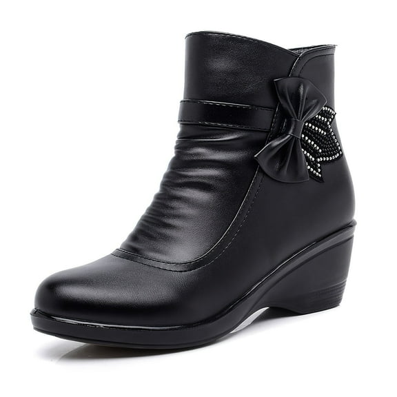 Pmoiste Ankle Boots for Women Wedge Heel with Bow Decor Wide Calf Cozy Winter Warm Plush Faux Leather Ladies Booties