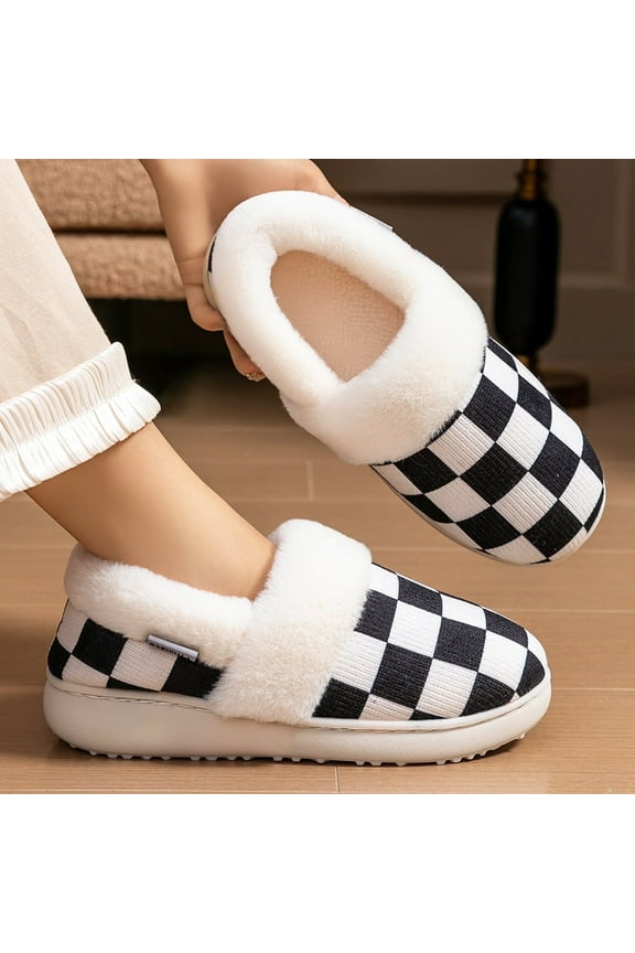 Checkered House Slippers for Women Furry Collar Comfort Memory Foam Closed Back Warm Winter Wedge Slipper