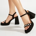 thumbnail image 1 of Pmoiste Chunky Heels for Women Elegant Pearl Platform Sandals Ankle Strap Block Heeled Sandal Wedding Party Shoes Black Size 5, 1 of 8