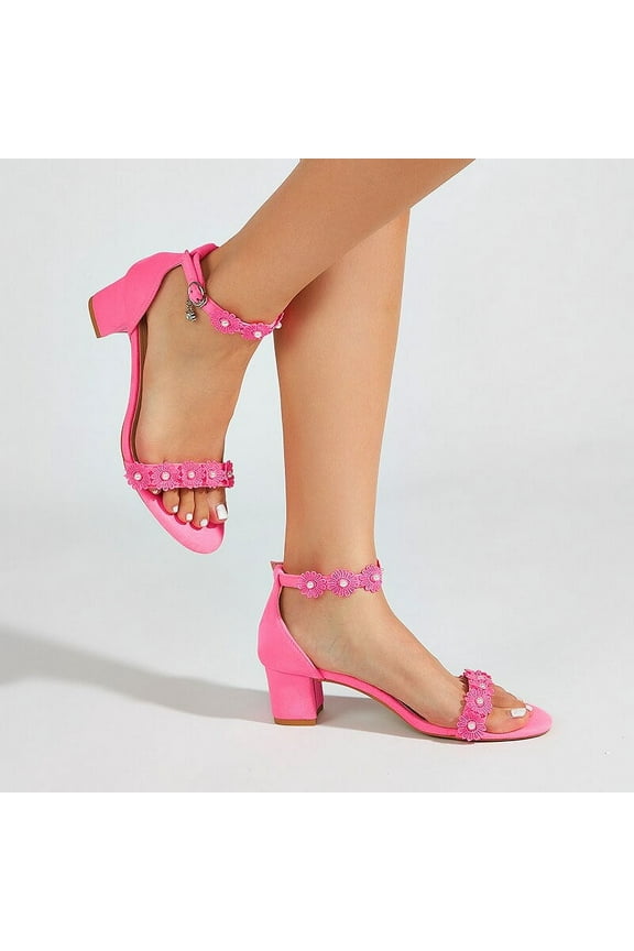Chunky Heels for Women Elegant Low Heel Pearl Sandals Ankle Strap Dressy Block Heeled Sandal Pink 7
