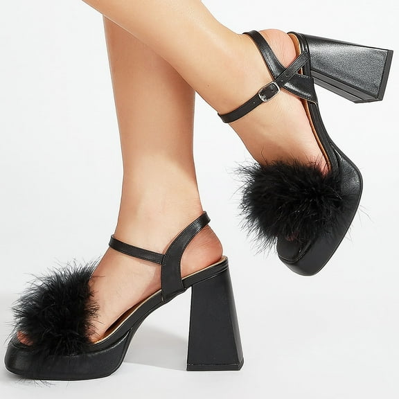 Pmoiste Heels for Women Faux Fur Platform Chunky Sandals Open Toe Fuzzy Sexy Dress Heel Sandal Ankle Strap Party Wedding Shoes Black Size 8