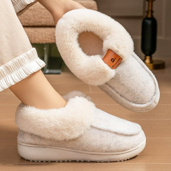 Pmoiste Fuzzy Slippers for Women Fluffy Furry Collar Cozy Memory Foam Non Slip Warm Winter House Slipper