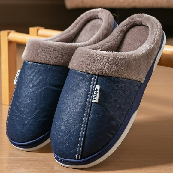 Pmoiste House Slippers for Men Embossed PU Leather Cozy Memory Foam Non-Slip Furry Warm Winter Slipper