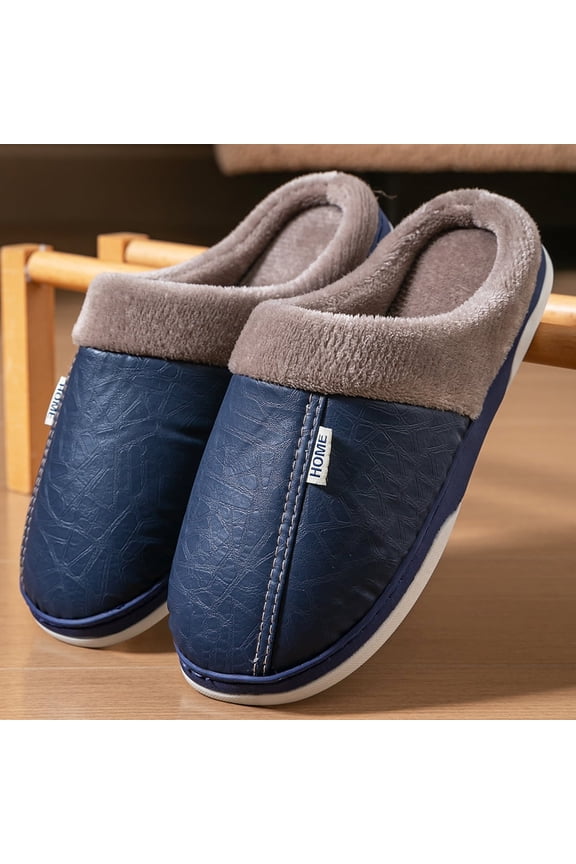 House Slippers for Men Embossed PU Leather Cozy Memory Foam Non-Slip Furry Warm Winter Slipper