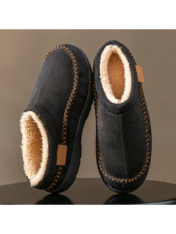 Men's Moccasin Slippers Open Back Memory Foam Warm Winter Slip on House Slippers Men Indoor Outdoor Wide Width