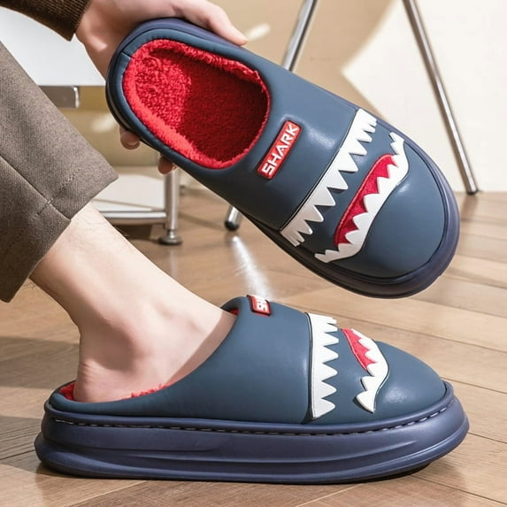 Pmoiste Women House Slippers Cute Shark Pattern Platform Comfort EVA Couple Shoes Warm Winter Memory Foam Bedroom Slipper