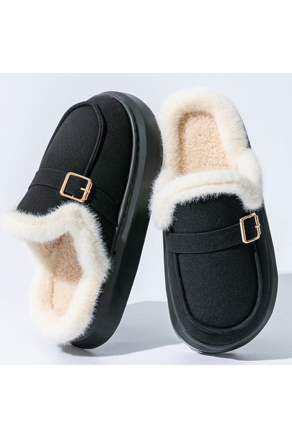 Platform House Slippers for Women Fluffy Furry Collar EVA Memory Foam Warm Comfy Winter Slipper