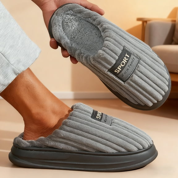 Pmoiste Stripe Men’s House Slippers Platform Soft Memory Foam Light EVA Comfy Flannel Warm Winter Family Slipper