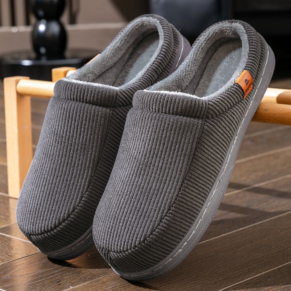 Pmoiste House Slippers for Men Stripes Splicing  Memory Foam Thermal Plush Comfy Non Slip Home Shoes