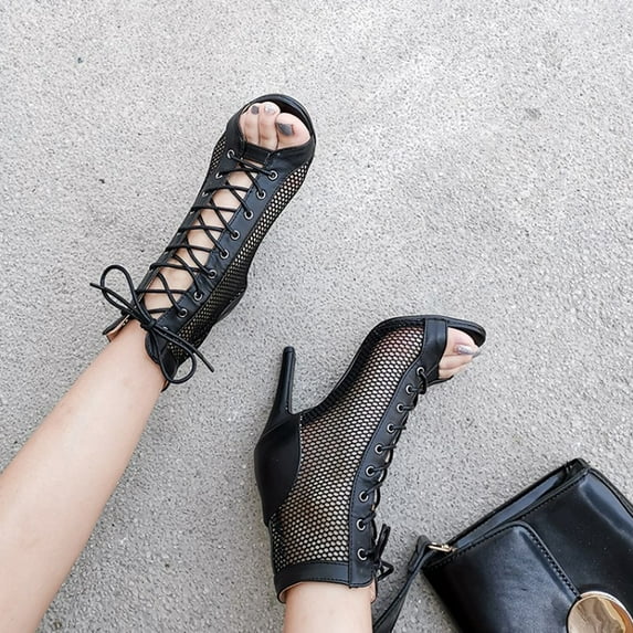 Pmoiste Summer Mesh Booties for Women High Heel Sandals Peep Toe Lace Up Sexy Stiletto Heels Dance Shoes Black 10